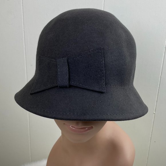 Charcoal Gray 100% Wool Cloche Hat w/ Bow main image 7